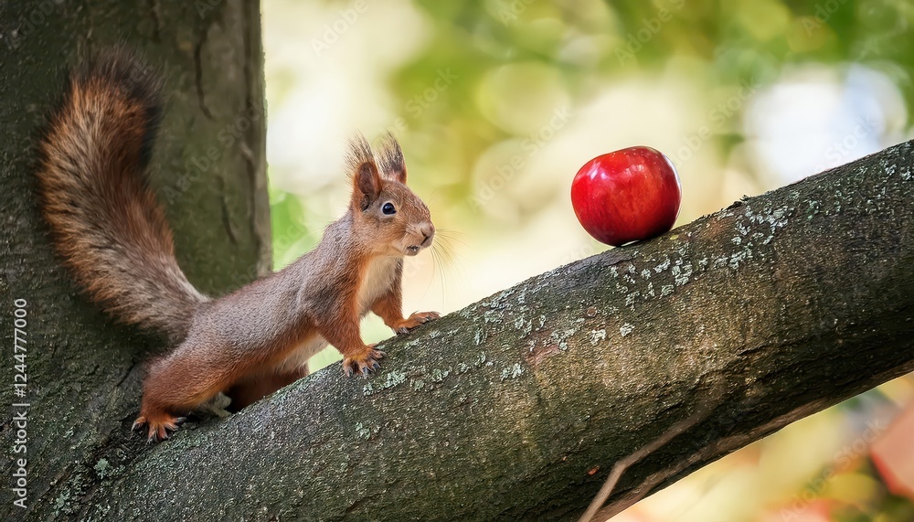 Poster agile squirrel delicately balancing between tree trunk and a red apple a whimsical scene of autumns 
