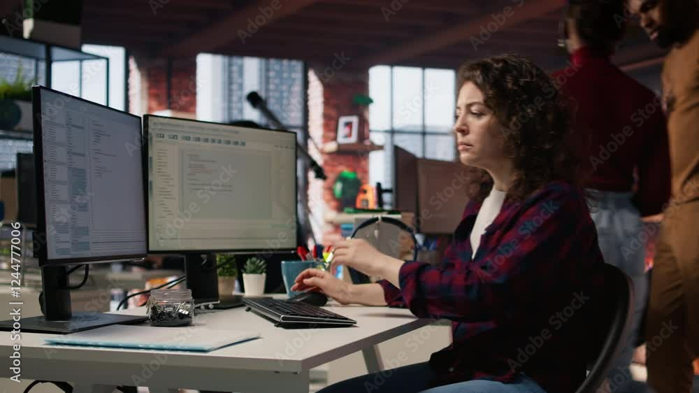 Poster startup cybersecurity expert looking for company security vulnerabilities on computer monitors. soft