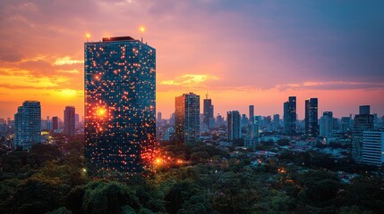 Obraz premium Bangkok Skyline Sunset: A City's Golden Hour