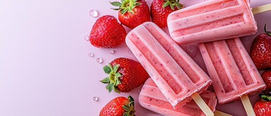 A vibrant display of strawberry popsicles surrounded by fresh strawberries on a pink background.