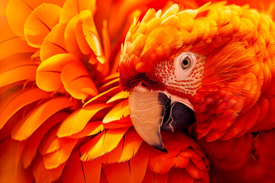 Orange parrot macro close-up of head and feathers. Vivid close-up portrait of a parrot showcasing intricate feather details and textures with sharp focus on the eye and beak.