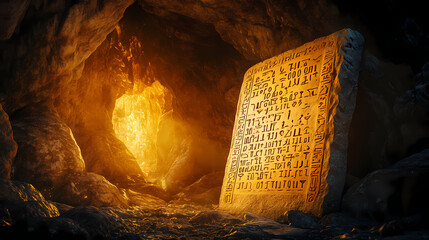 A mystical stone tablet illuminated in a dark cave, revealing ancient scripts that hint at forgotten secrets and lost civilizations. Forgotten Languages & Glyphs. Illustration