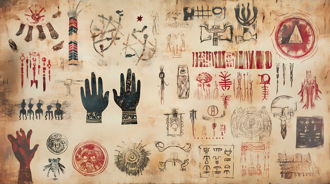 A museum exhibit showcased a tribes intricate tattoos, each symbol a forgotten language whispering tales of forgotten gods and ancient customs. Forgotten Languages & Glyphs. Illustration