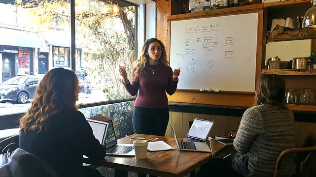 Woman leads business meeting, cafe, whiteboard, autumn