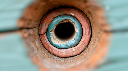 Close-up view of painted hole in weathered wood