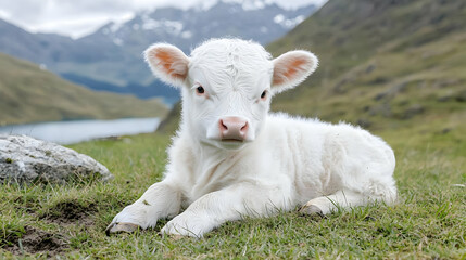 Obraz premium White calf resting near mountain lake
