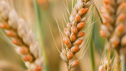 Wheat Infected with Fusarium Head Blight: A close-up reveals the tell-tale signs of Fusarium head blight on wheat stalks – orange-red discoloration and infected kernels.