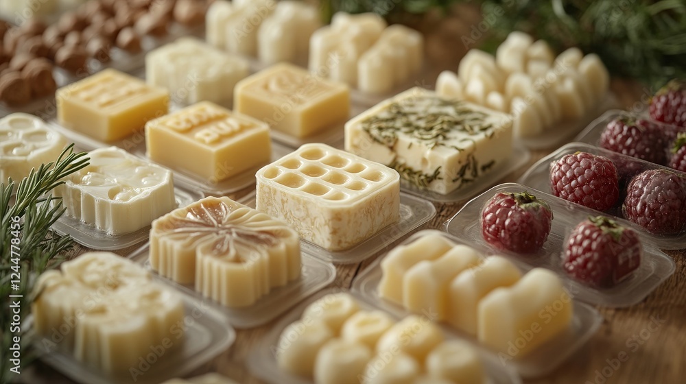 Poster assorted handmade soaps displayed artistically on a wooden surface with greenery and berries