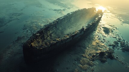 Noahs Ark rests on Mount Ararat as dawn breaks illuminating world recovering from flood. Noah stands bow animals stir and land emerges from waters.