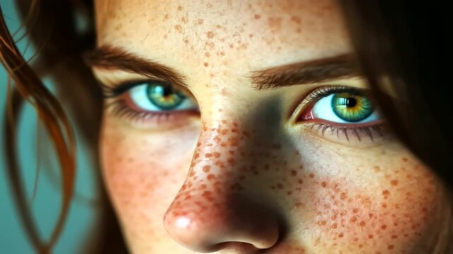 Intimate close-up of a freckled young woman showcasing her natural beauty.