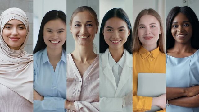 A group of six women from various backgrounds stand together, smiling. Each woman exudes confidence, showcasing their individuality in a bright, inviting indoor environment.