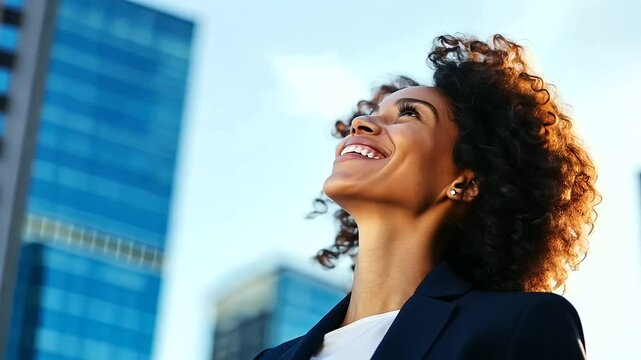 Successful businesswoman joyfully celebrating her accomplishments in an outdoor setting.