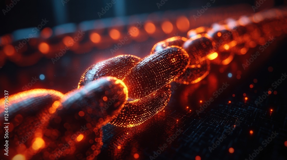 Poster glowing digital chain links illuminated against a dark background with shimmering particles