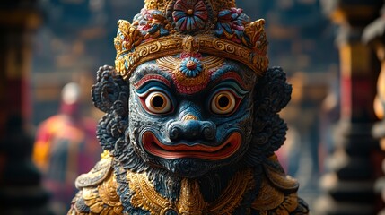 Obraz premium Close-up of a colorful, ornate, stone guardian statue with a fierce expression, set against a blurred temple background.