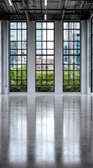 Fototapeta premium A spacious interior with large windows showcasing greenery and urban architecture.