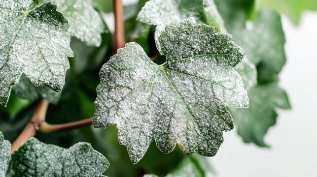 Vineyard's Leaf in Detail: A macro shot captures the intricate texture of a grapevine leaf, showing the subtle play of light and shadow. The leaf's surface is covered with powdery mildew.