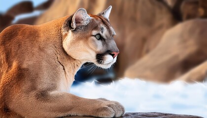 Naklejka premium Majestic Cougar Profile Amidst Wintery Rocky Landscape with Scenic Beas Backdrop, Capturing Power and Tranquility in a SnowCovered Wilderness