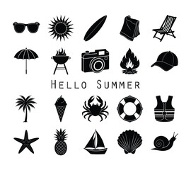 Set of summer holiday beach elements silhouette. Hello summer lettering vector illustration on white background