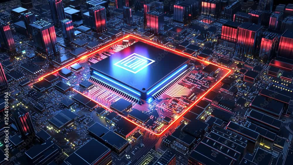 Poster futuristic circuit board with glowing microchip pulses in a hightech cityscape