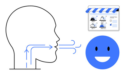 Human head diagram illustrating breath flow, a webpage with shopping elements, and a blue happy face. Ideal for speech therapy, online interaction, e-commerce, customer service, user experience