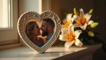 Obraz premium A romantic image featuring a couple smiling inside a heart-shaped photo frame, surrounded by lilies, creating a warm and intimate atmosphere. Generative, AI,