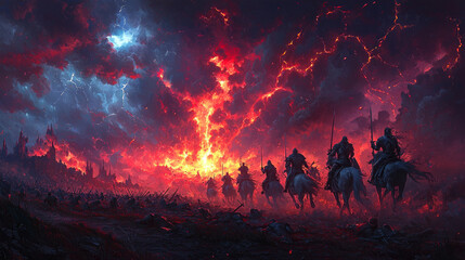 Fototapeta premium colossal portal erupts in sky revealing Four Horsemen silhouetted against unsettling red sunset.
