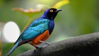 Fototapeta premium Vivid Lamprotornis superbus in Lush Tropical Setting at Jurong Bird Park, Singapore Striking Starling against Greenery and Exotic Flora with a Backdrop of Modern Architecture