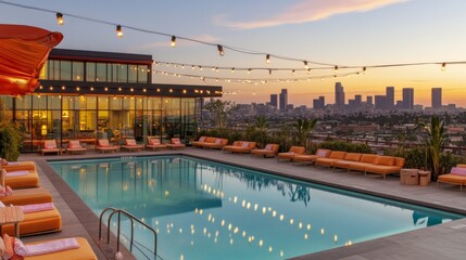 Rooftop Pool at Sunset with City Skyline and Lounge Chairs