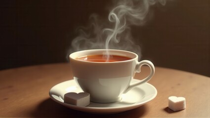 A warm cup of tea with heart-shaped marshmallows and steam rising from the cup, creating a cozy and romantic atmosphere. Generative, AI,