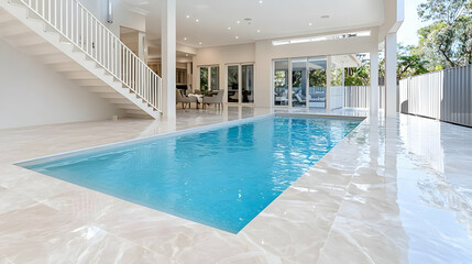 Obraz premium Modern home poolside, sunny day, luxury interior view