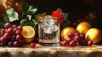Still life iced drink, fruit, sunlight, marble