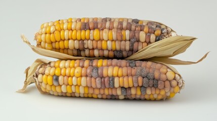 Vibrant Cornucopia: Two ears of colorful corn, a beautiful display of nature's bounty, are presented in a photorealistic, inviting arrangement. This image highlights freshness and natural goodness