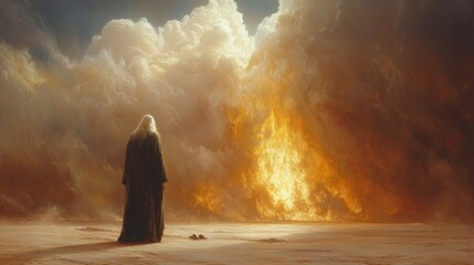 Moses barefoot and awestruck gazes burning bush emits golden glow. voice calls him remove his sandals in sacred moment of encounter divine.