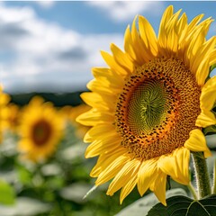 Obraz premium A vibrant sunflower in a field, showcasing its bright yellow petals and intricate center.