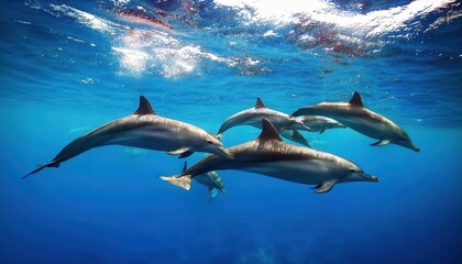 Obraz premium Stunning Encounter with Wild Spinner Dolphins Amidst the CrystalClear Waters of Hawaiis Coastline, Capturing Playful Leaps and Colorful Dynamics at Sunset.