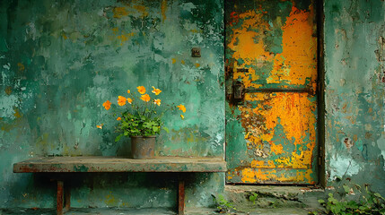 Flowers, bench, rusty door, grunge wall, urban decay, design