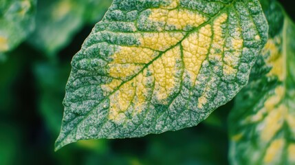 Yellowed Leaf: An up-close, detailed photograph capturing a vibrant green leaf with distinct yellow patches, illustrating a common plant ailment or environmental impact.
