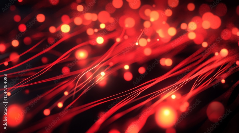 Poster A vibrant abstract image featuring flowing red lines and glowing orbs, creating a dynamic, energetic visual experience.