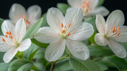 Fototapeta premium white oriental lily displays its stunning bloom featuring curling petals and bright orange stamen. rich green leaves provide vivid backdrop enhancing flower's natural beauty.