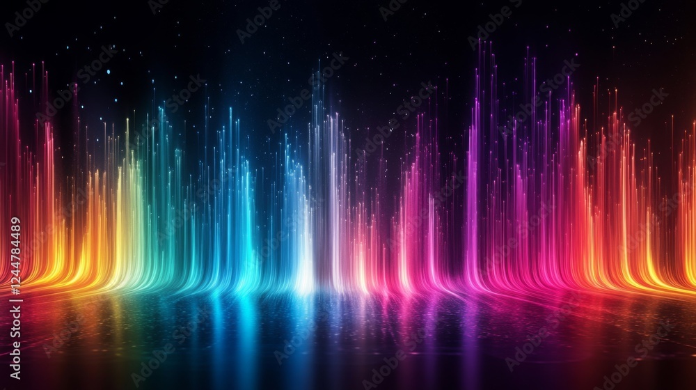 Poster a vibrant display of colorful waveforms against a dark background, suggesting movement and rhythm, r