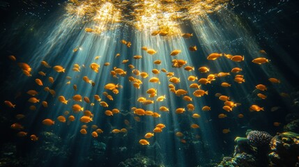 Obraz premium Sunlight illuminates coral reef fish school