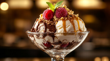 indulgent ice cream sundae topped with caramel drizzle, fresh berries, and crunchy nuts, served in an elegant glass dish