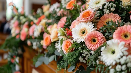 A vibrant arrangement of flowers, primarily in peach and white, used for decoration.
