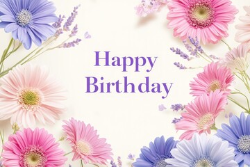 Happy Birthday Floral Greeting Card Design with Gerbera Daisies and Lavender.