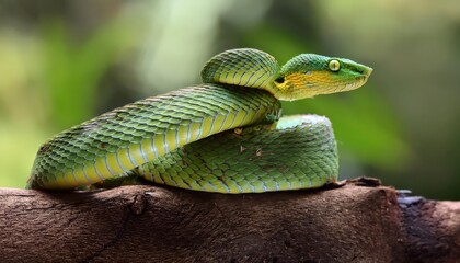 Obraz premium Vibrant Temple Pit Viper Perched on Weathered Wood Piece, Indonesia A Captivating Closeup Shot of Natures Venomous Beauty in a Tropical Environment