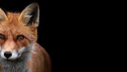 Striking Red Fox against a Black Backdrop Majestic Wildlife Portrait in High Contrast, Capturing the Vigilant Eyes and Fluffy Tail of a Red Fox Amidst the Night