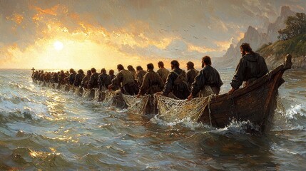 In powerful moment Peter and his fellow fishermen witness miraculous catch of fish after obeying Jesus. As sun rises Peter kneels amazed divine presence guiding them.