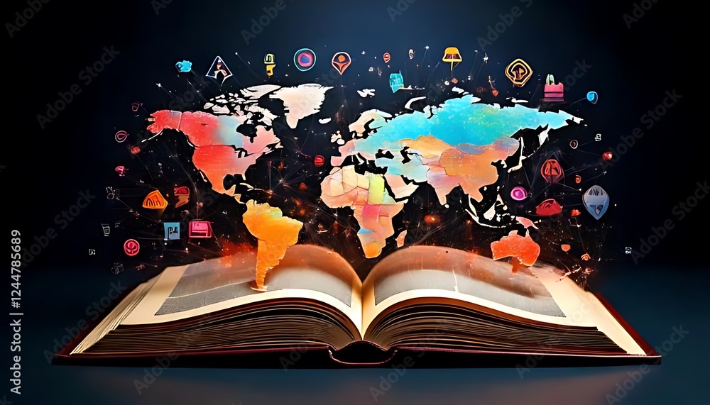 Poster a fragmented world map is surrounded by colorful icons, emerging from an open book on dark backgroun
