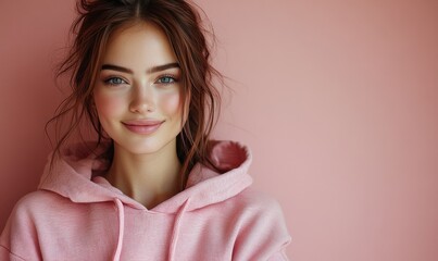 Fototapeta premium A woman with blonde hair and blue eyes is wearing a pink hoodie and smiling