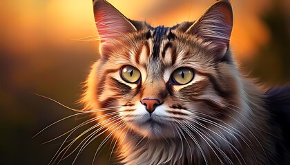 A fluffy, long-haired cat with green eyes gazes intently against a warm, golden, blurry background
